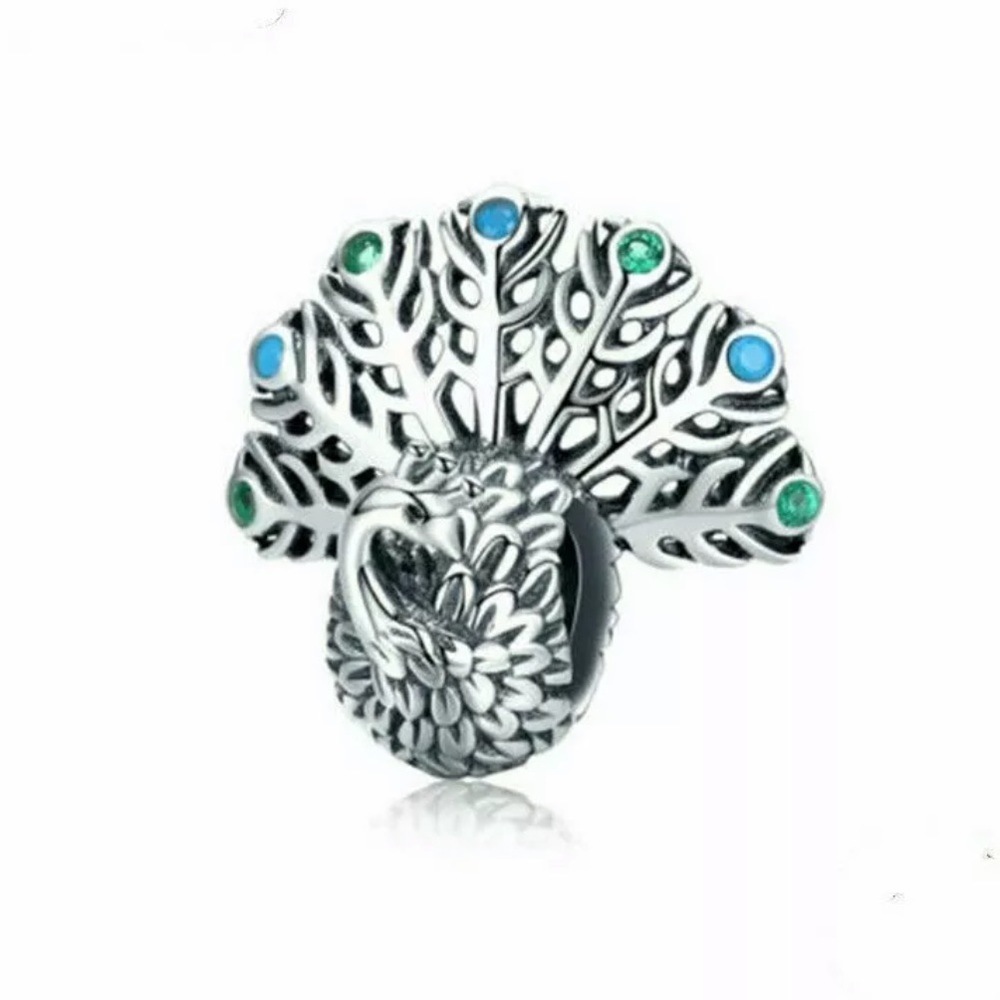 NEW•Silver Peacock w/blue/green accents DIY charm